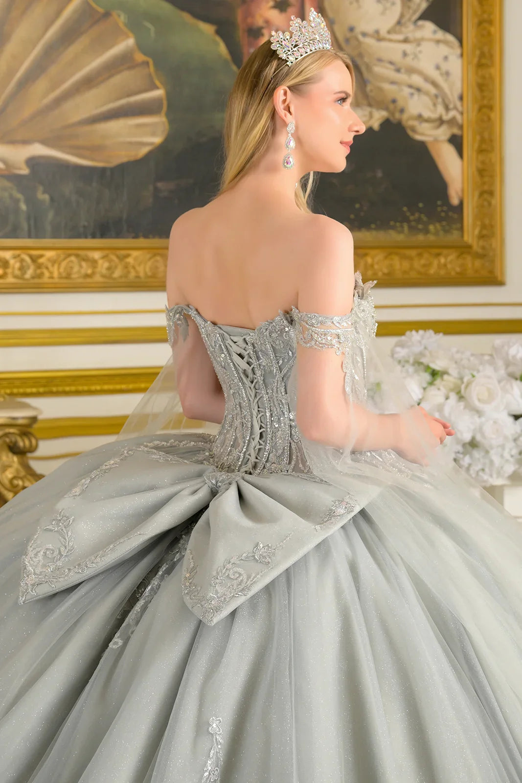 Detachable Off-Shoulder Cape Sleeves Sweetheart Neckline Corset Bodice Ball Gown Train With Detachable Bow (GL3711)