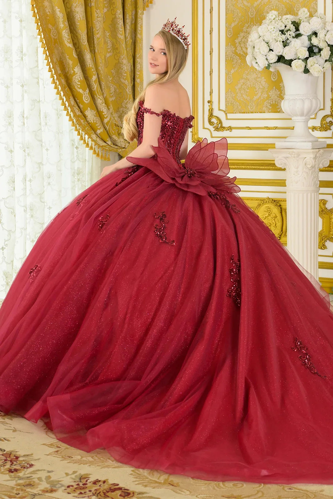 Embellished Thin Straps V-Neck Glitter Underlayer Train Ball Gown With Detachable Butterfly Bow (GL3712)