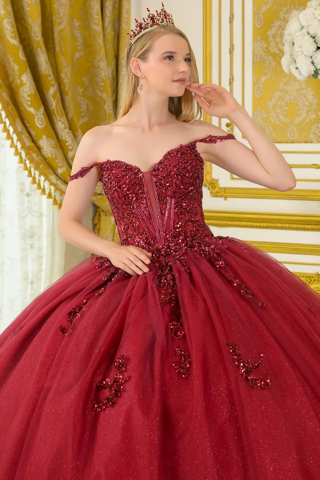 Embellished Thin Straps V-Neck Glitter Underlayer Train Ball Gown With Detachable Butterfly Bow (GL3712)