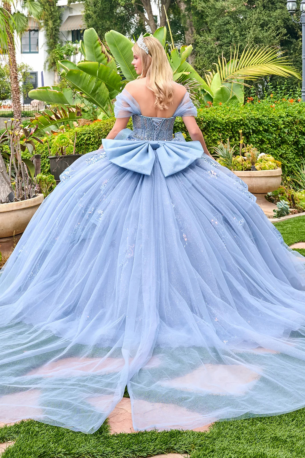 Fairytale Glitter Quinceañera Ball Gown with Oversized Bow Detail (GL3727)