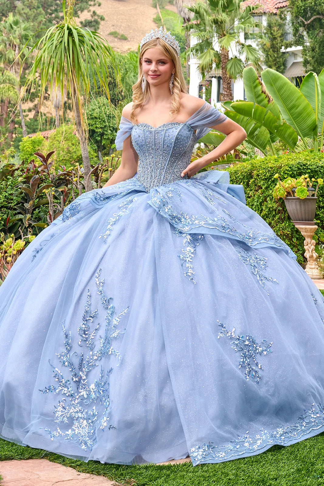 Fairytale Glitter Quinceañera Ball Gown with Oversized Bow Detail (GL3727)