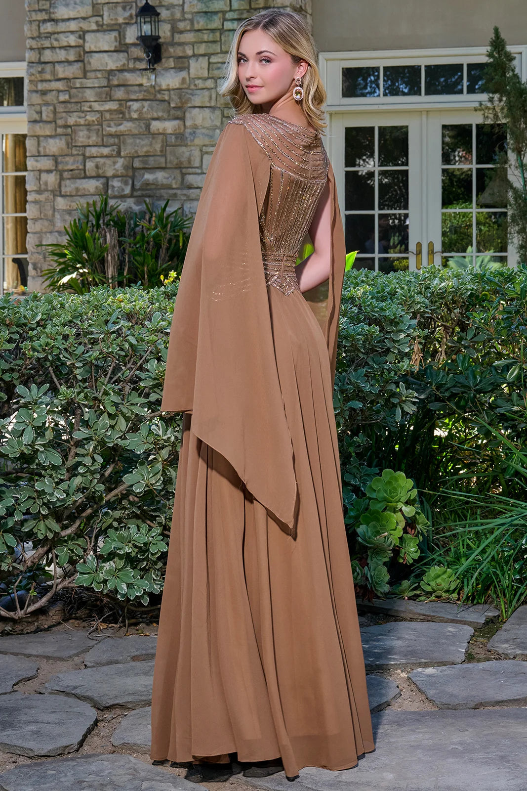 Bejeweled A-Line Chiffon Dress with Scoop Neckline and Cape Sleeves (GL3736)