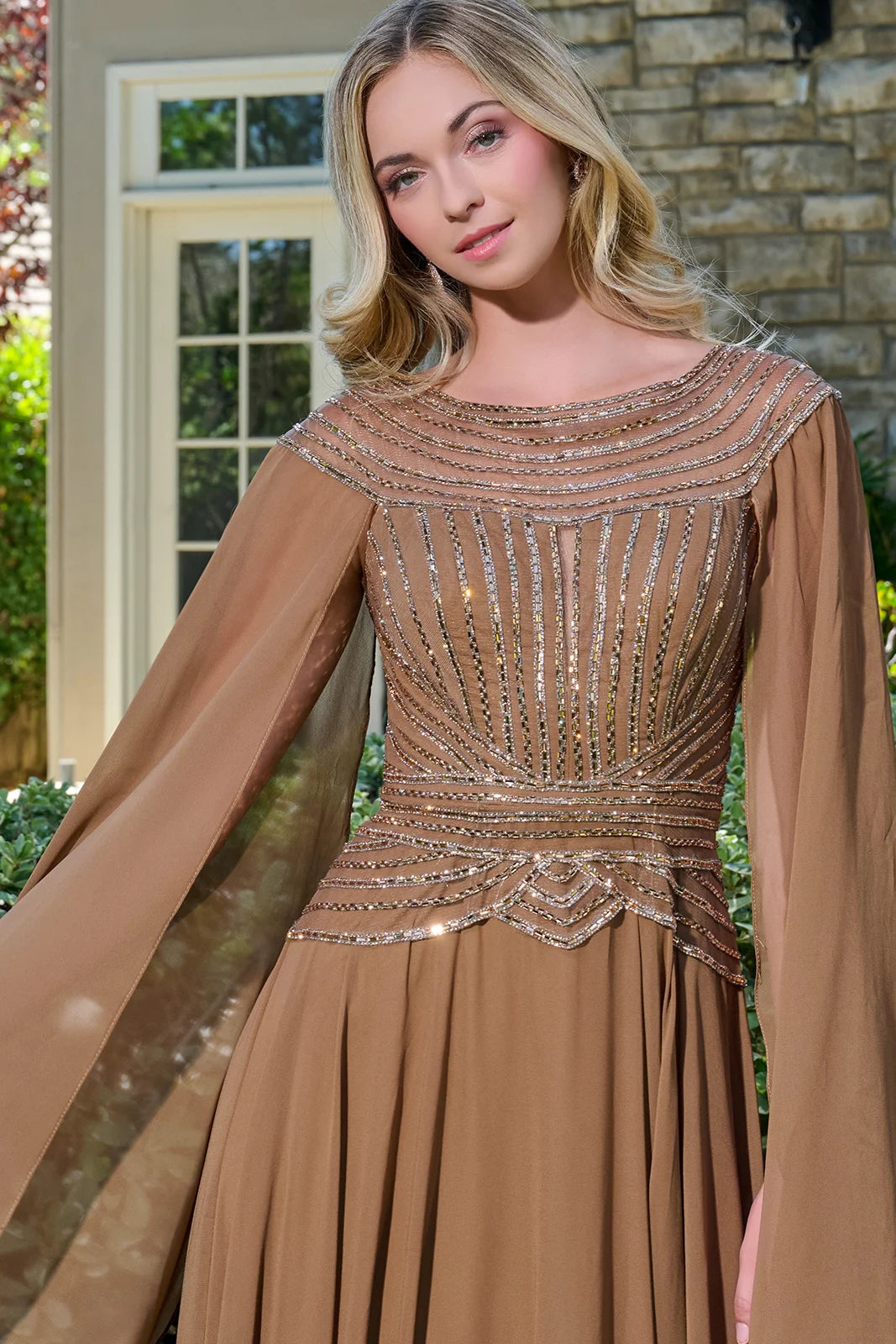 Bejeweled A-Line Chiffon Dress with Scoop Neckline and Cape Sleeves (GL3736)