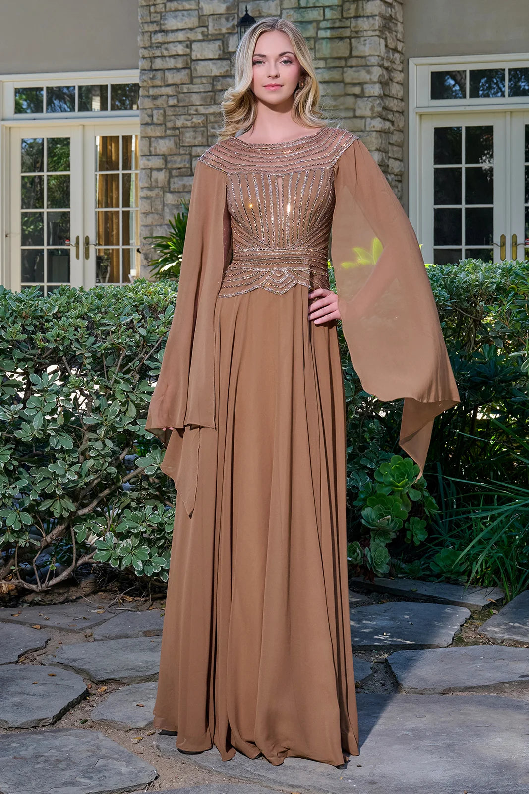 Bejeweled A-Line Chiffon Dress with Scoop Neckline and Cape Sleeves (GL3736)