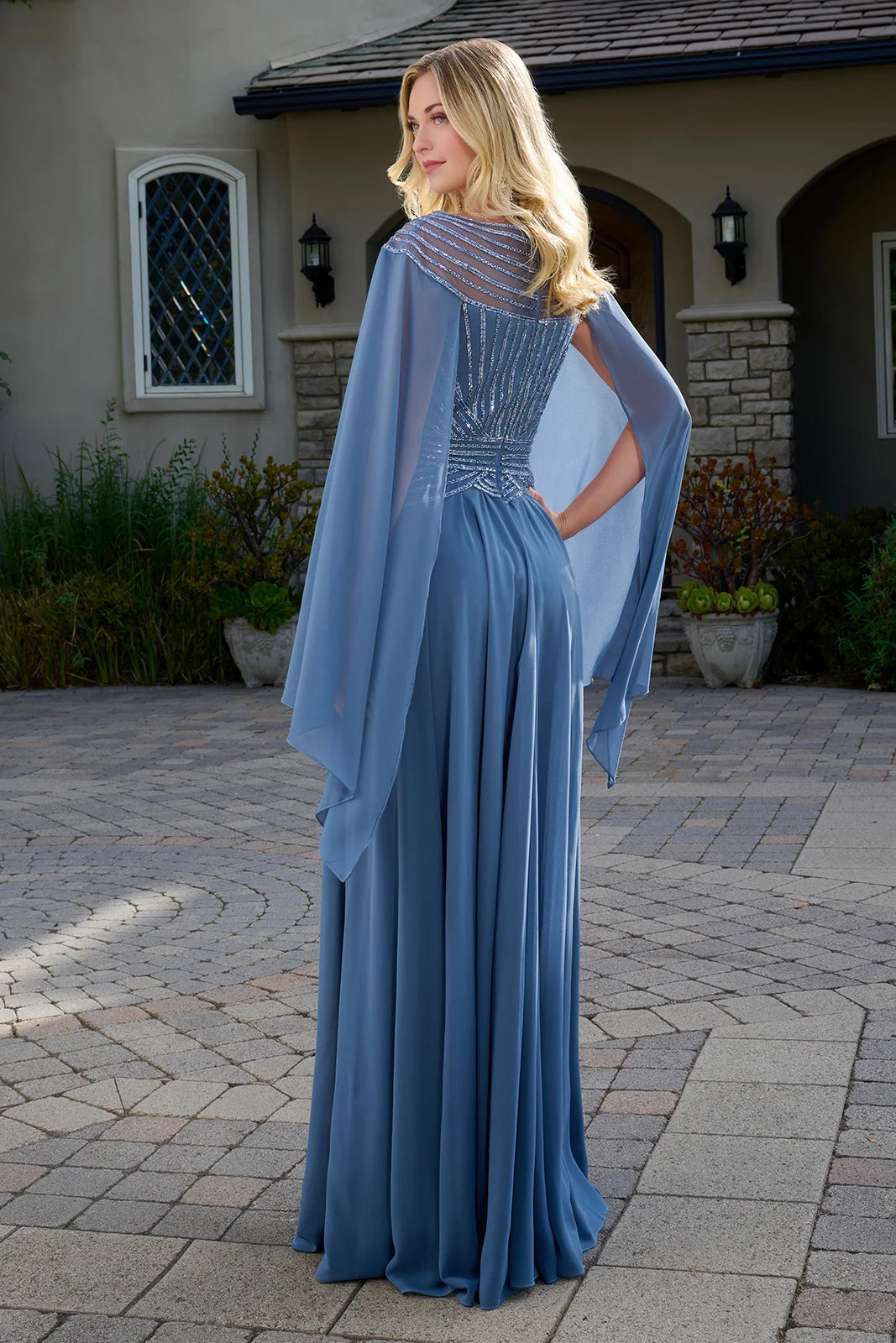 Bejeweled A-Line Chiffon Dress with Scoop Neckline and Cape Sleeves (GL3736)
