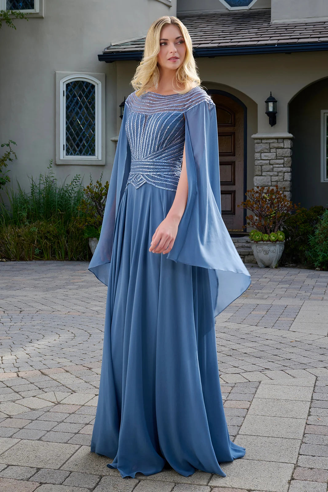 Bejeweled A-Line Chiffon Dress with Scoop Neckline and Cape Sleeves (GL3736)