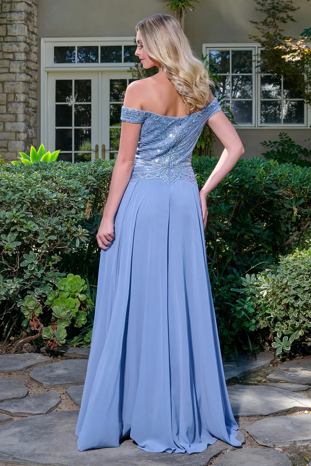 Bejeweled Off-Shoulder A-Line Chiffon Dress with V-Neckline (GL3738)