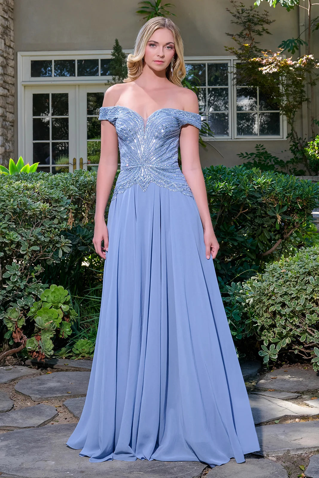 Bejeweled Off-Shoulder A-Line Chiffon Dress with V-Neckline (GL3738)