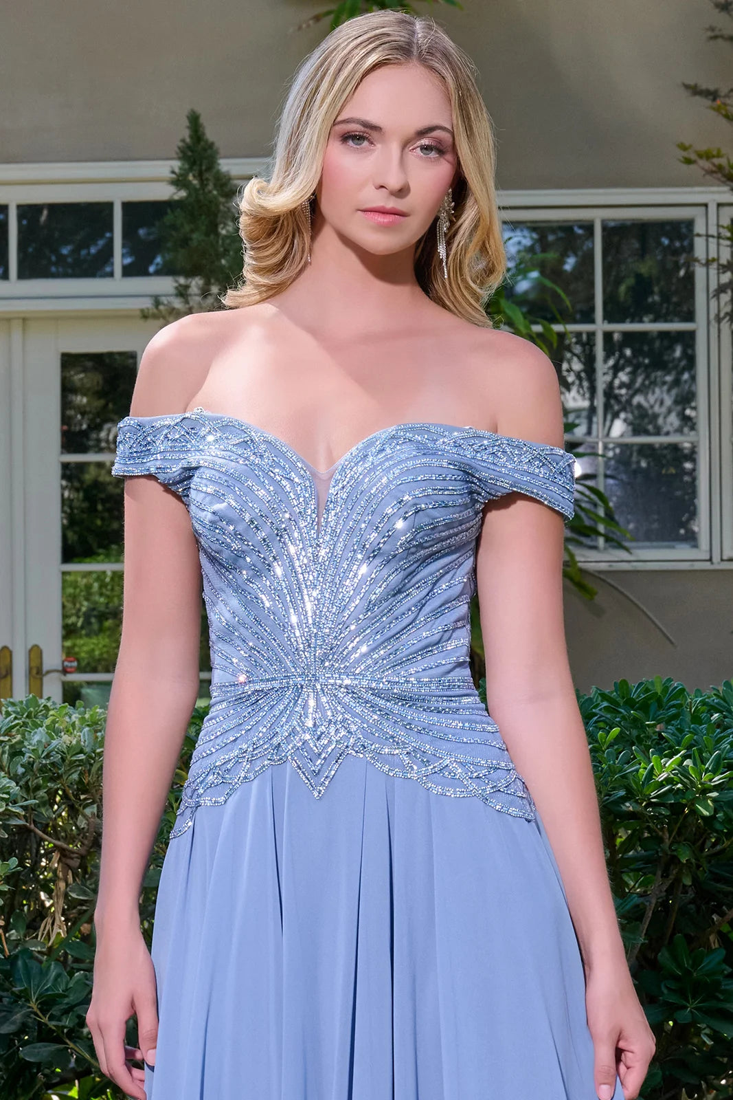 Bejeweled Off-Shoulder A-Line Chiffon Dress with V-Neckline (GL3738)