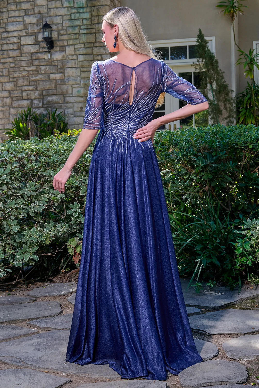 Radiant Beaded 1/2 Sleeve A-Line Gown with Shimmer Finish (GL3739)