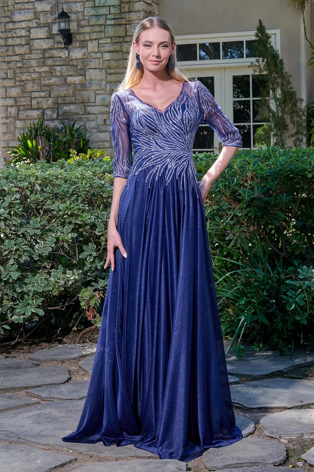 Radiant Beaded 1/2 Sleeve A-Line Gown with Shimmer Finish (GL3739)