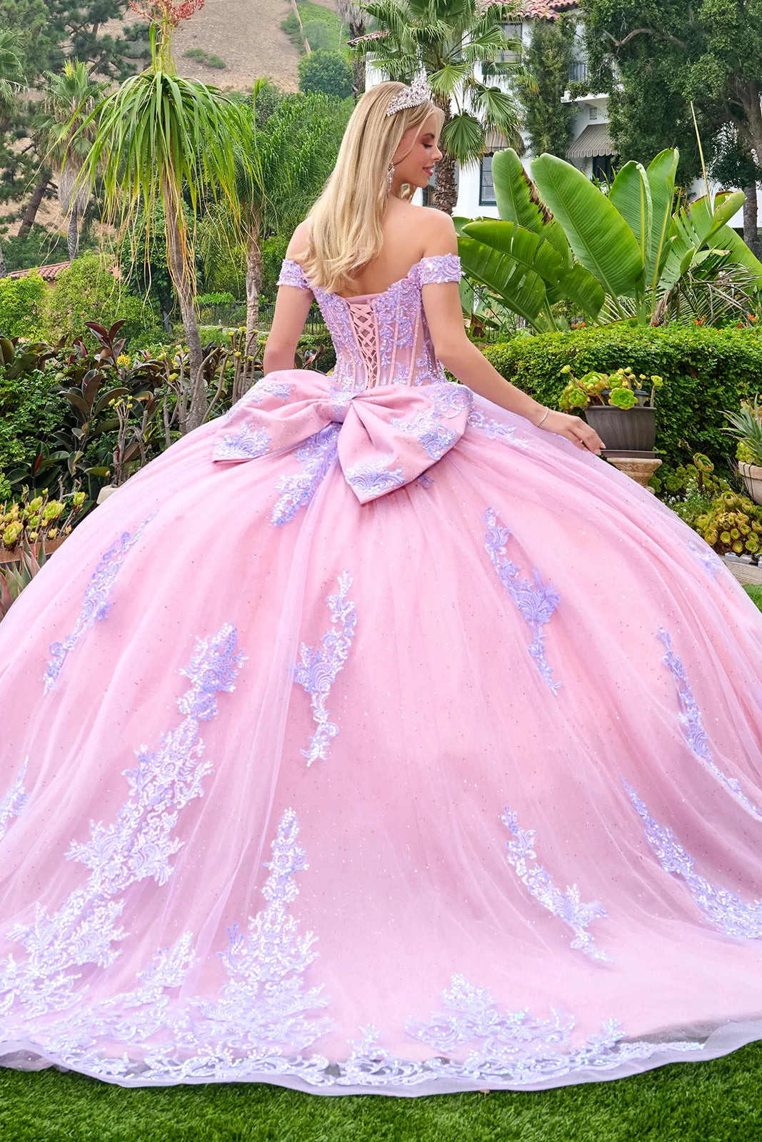 Enchanting Off-the-Shoulder Glitter Quinceañera Ball Gown with Lace Appliqué (GL3753)