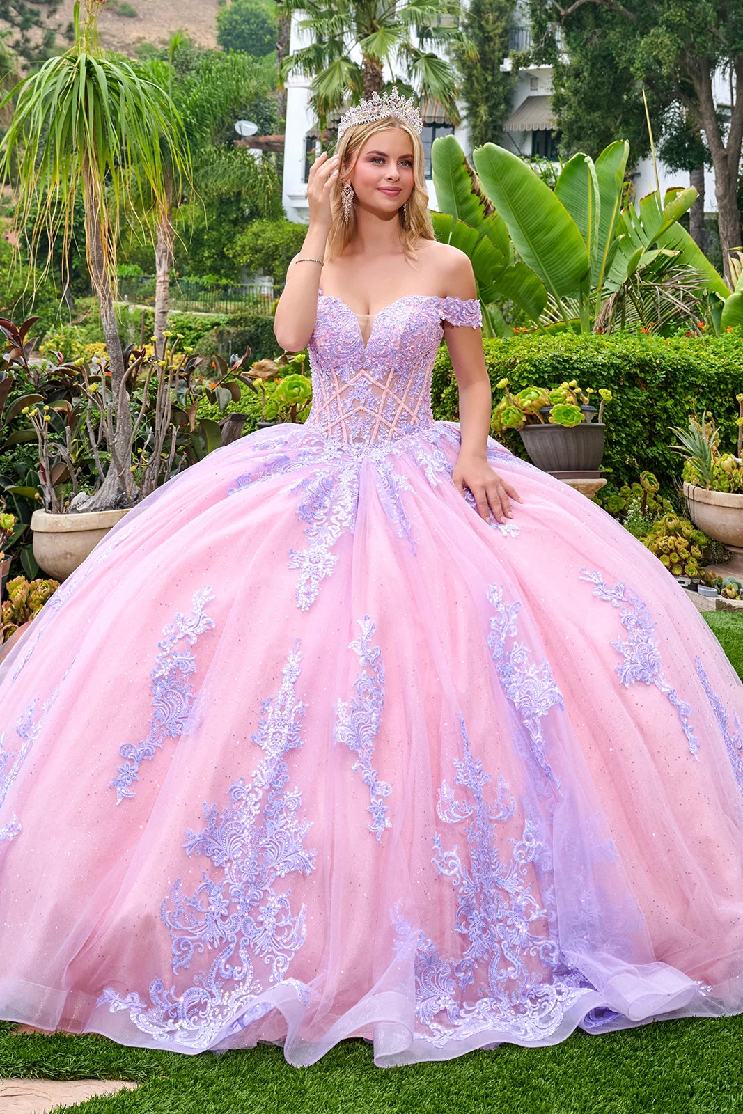 Enchanting Off-the-Shoulder Glitter Quinceañera Ball Gown with Lace Appliqué (GL3753)