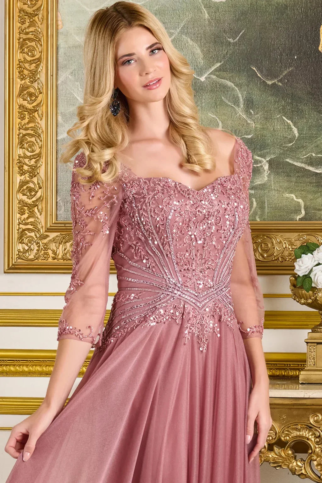 Sweetheart Neckline 3/4 Sleeves Mesh Zipper Bodice Metallic Jersey Skirt A-line Dress (GL3787)