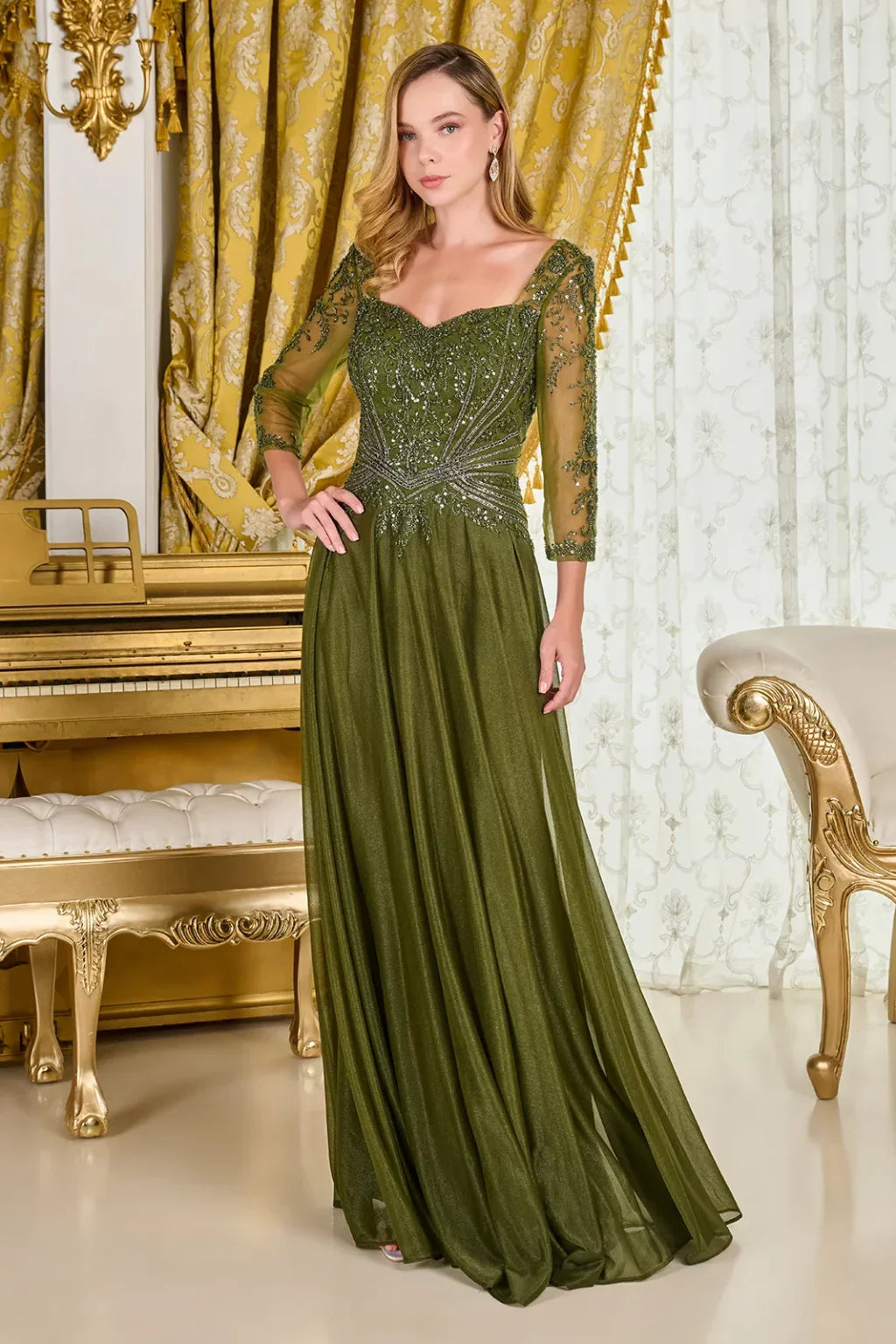 Sweetheart Neckline 3/4 Sleeves Mesh Zipper Bodice Metallic Jersey Skirt A-line Dress (GL3787)