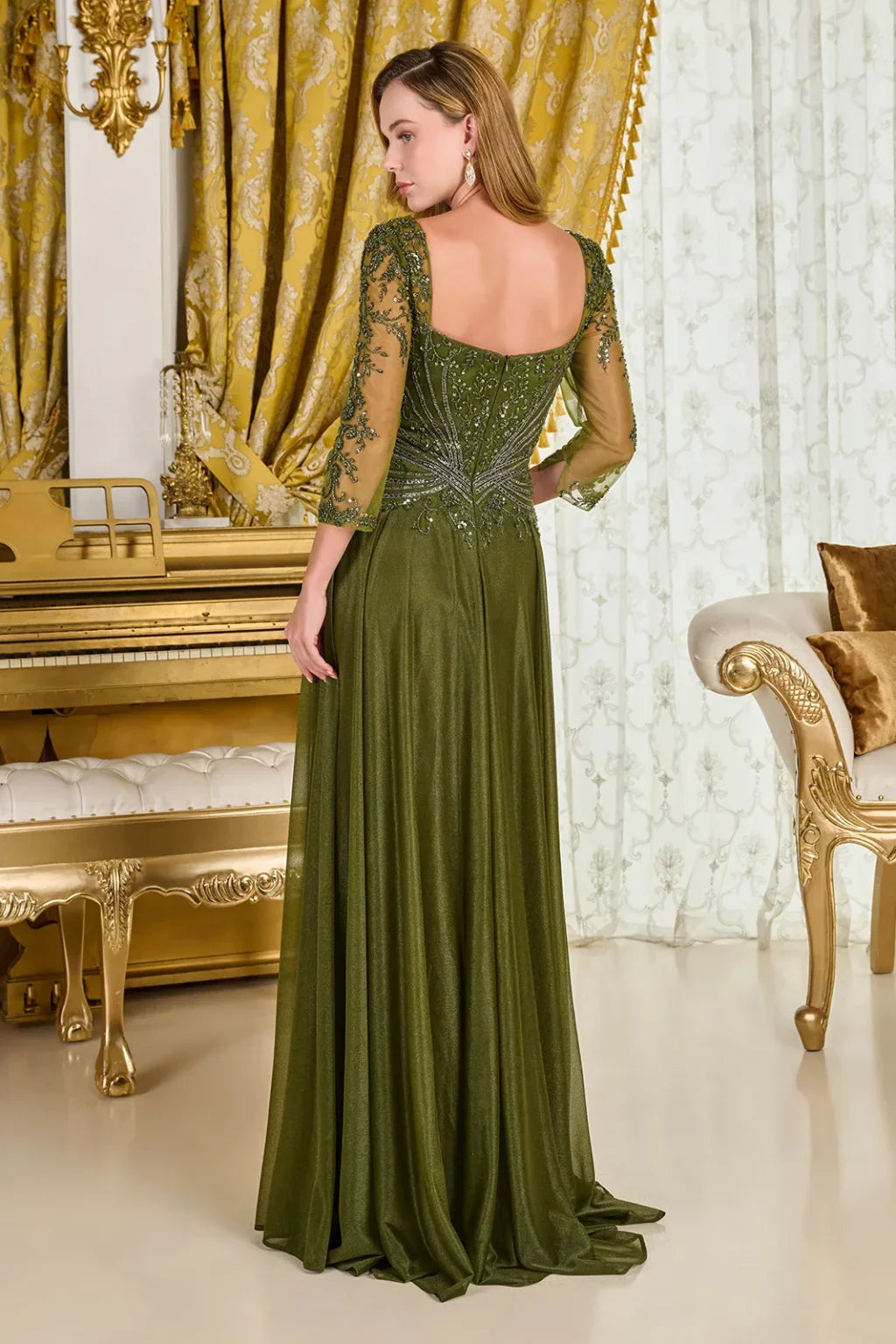 Sweetheart Neckline 3/4 Sleeves Mesh Zipper Bodice Metallic Jersey Skirt A-line Dress (GL3787)
