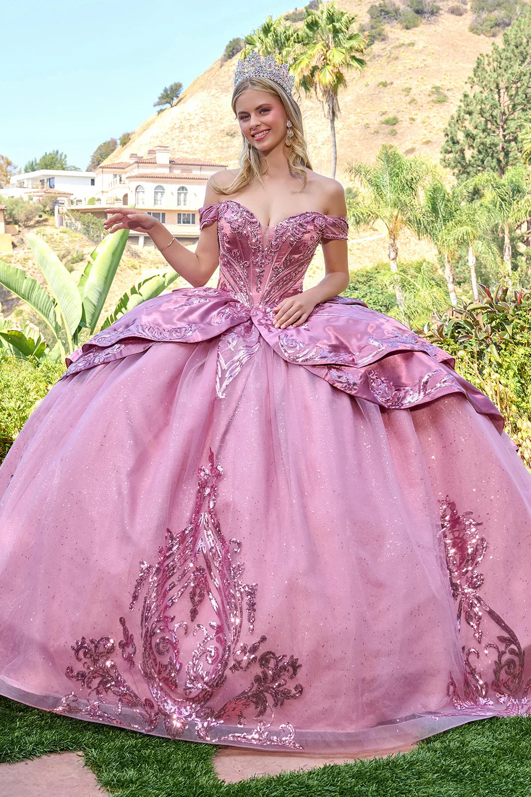 Off Shoulder Long Sleeves Deep V-Neck Corset Train Ball Gown With Satin Overskirt Detachable Bow (GL3794)