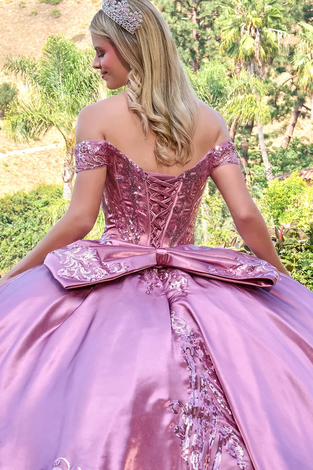 Off Shoulder Long Sleeves Deep V-Neck Corset Train Ball Gown With Satin Overskirt Detachable Bow (GL3794)