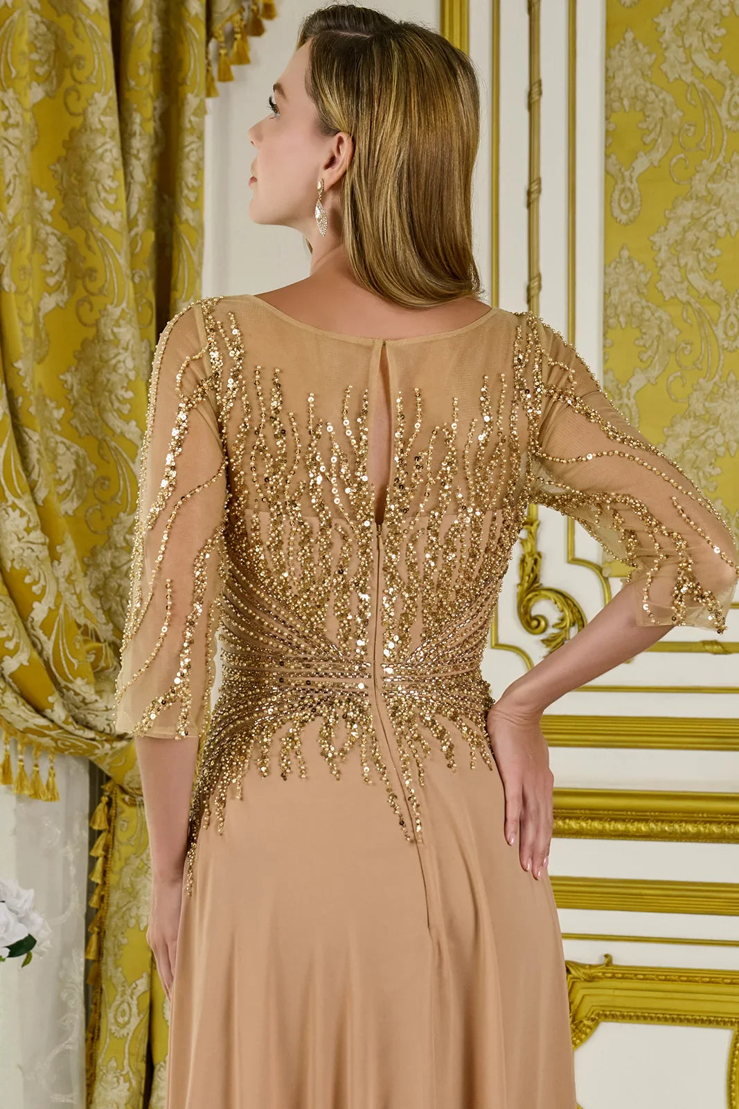 3/4 Sleeve Embellished V-Neckline Mesh Bodice Chiffon Skirt A-Line Dress With Back Keyhole (GL3796)