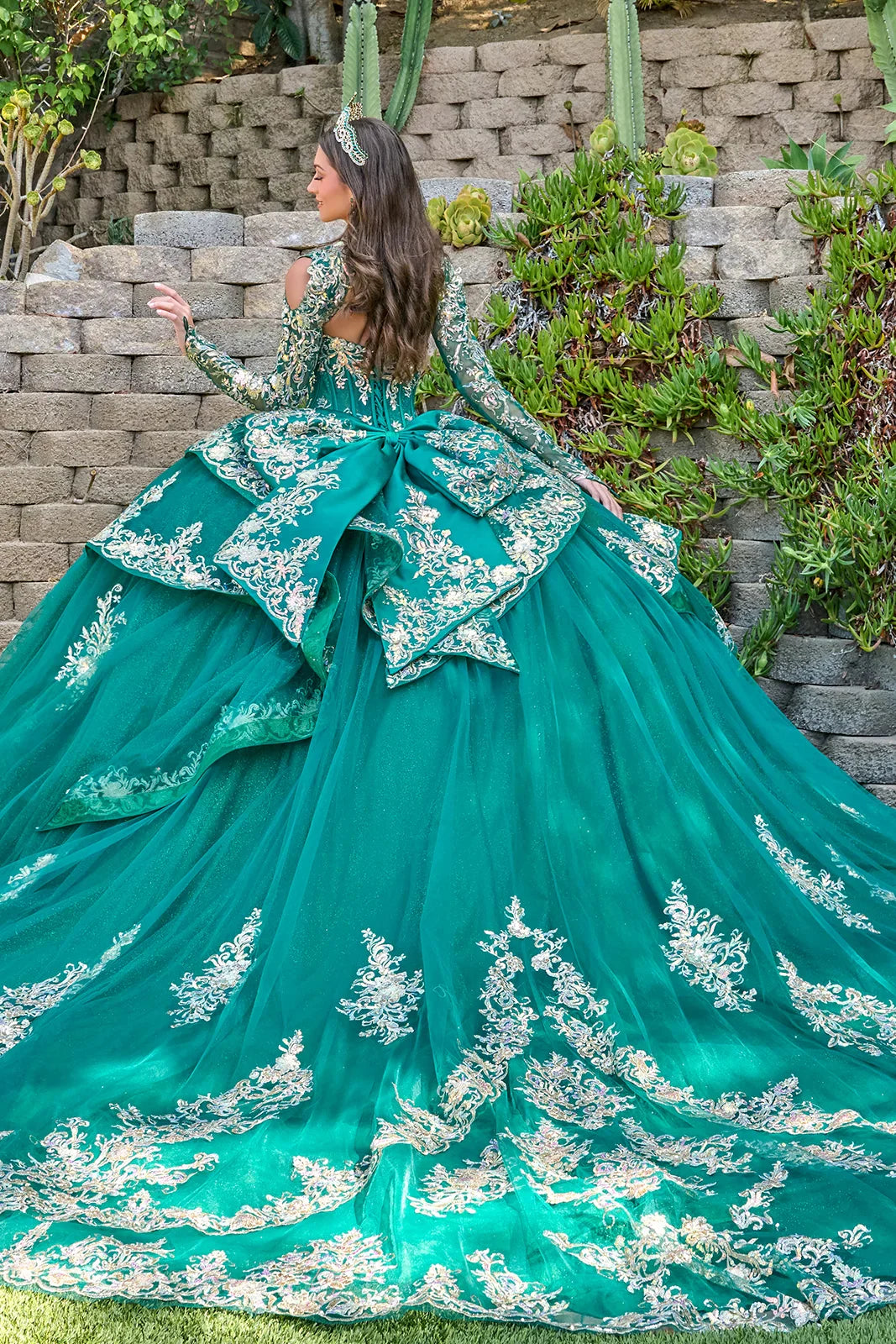 Strapless Pleated Bust Layered Overskirt Train Gown With Detachable Bow And Matching Bolero (GL3800)