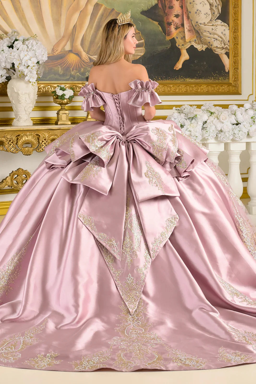 Off-Shoulder Ruffle Cuff Sleeves Corset Train Ball Gown With Satin Ruffle Overskirt Detachable Bow (GL3803)