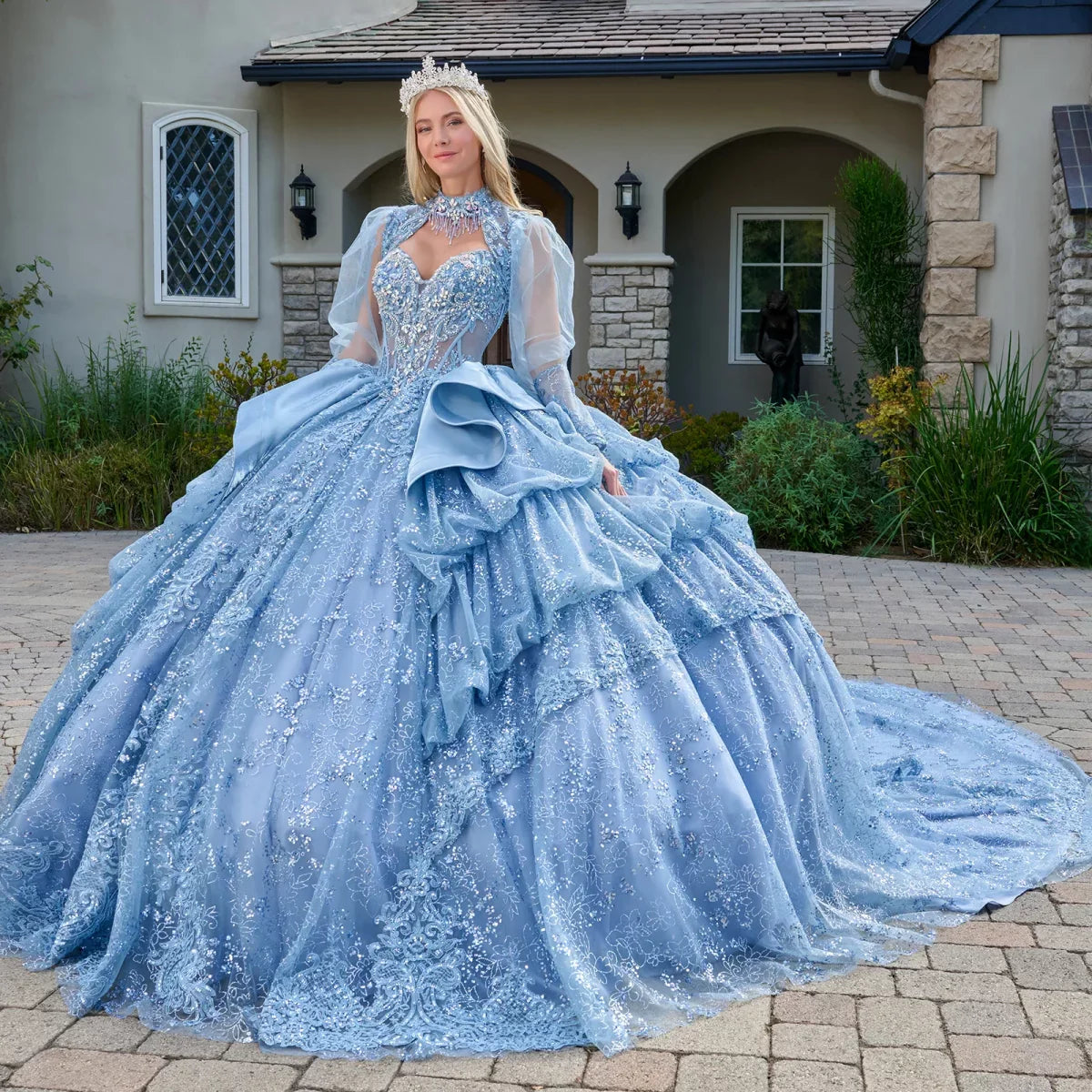 Strapless Bodice Satin Waist Ruffle Layered Bubble Hem Train Gown With Matching Long Sleeved Bolero (GL3806)