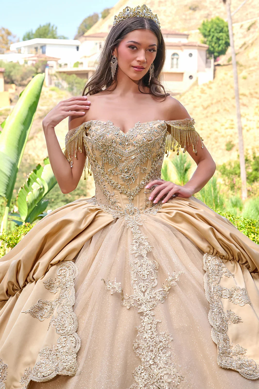 Dangling Jewels Off Shoulder Straps Corset Cover Satin Bubble Hem Overskirt Gown With Detachable Bow (GL3810)