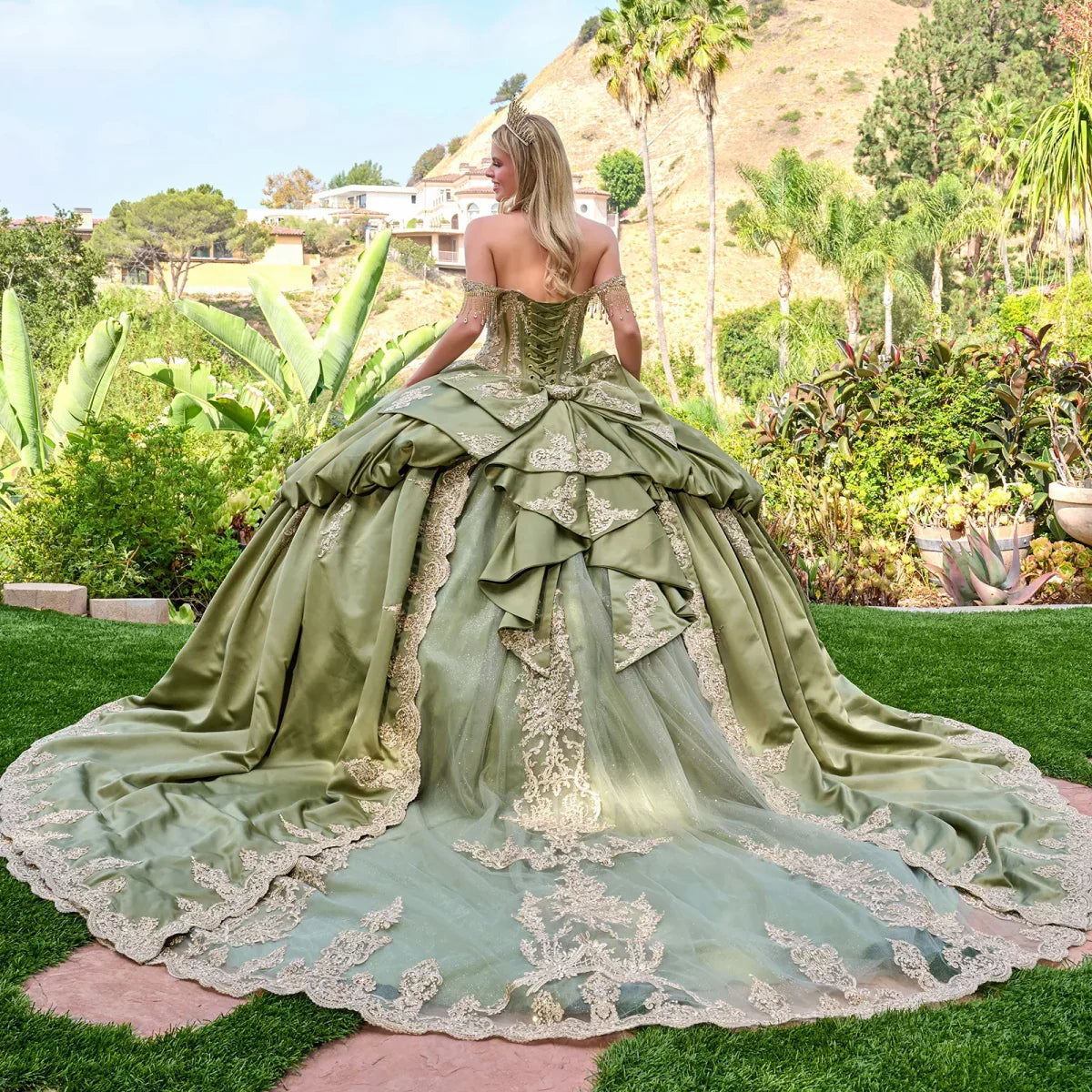 Dangling Jewels Off Shoulder Straps Corset Cover Satin Bubble Hem Overskirt Gown With Detachable Bow (GL3810)