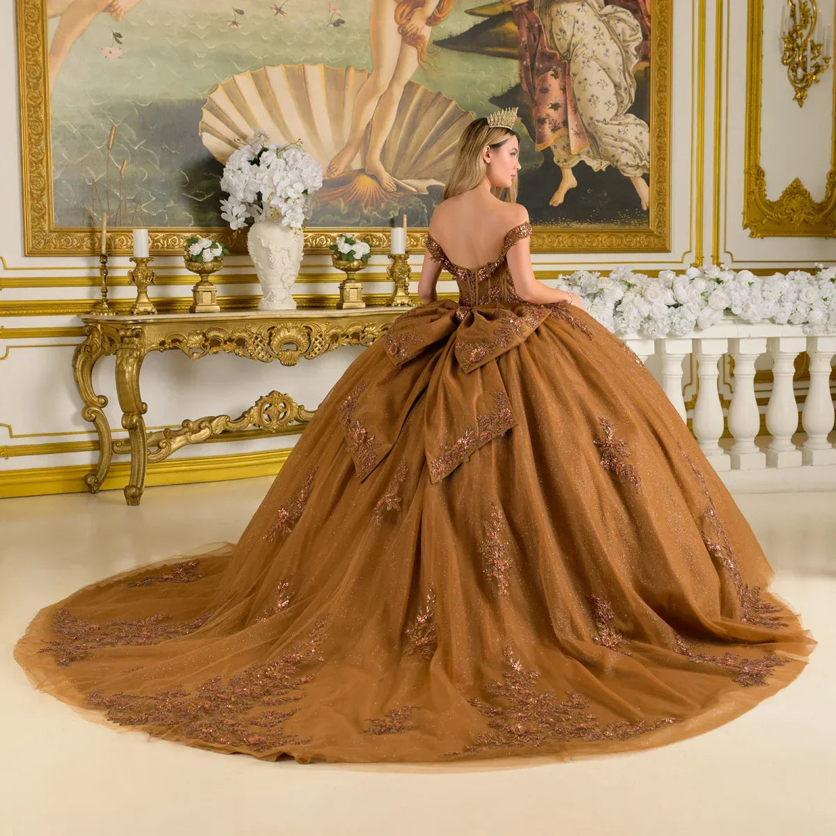 Embellished Fold Over Off-Shoulder Corset Bodice Train Ball Gown With Detachable Back Bow (GL3811)