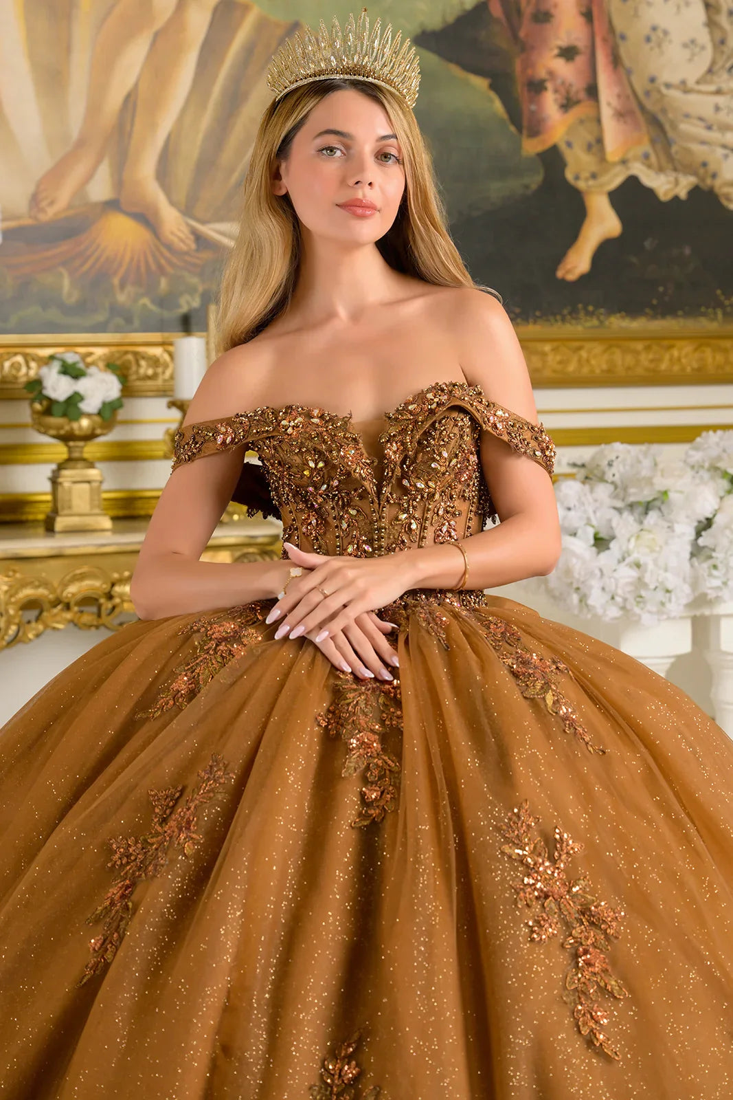 Embellished Fold Over Off-Shoulder Corset Bodice Train Ball Gown With Detachable Back Bow (GL3811)