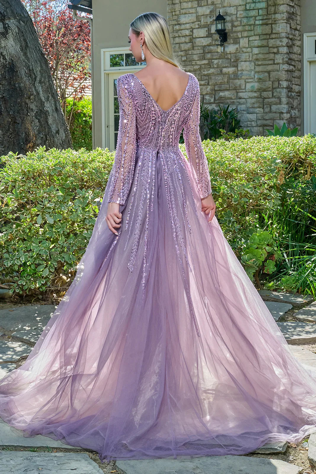 Embellished V-Neckline Long Sleeves Zipper V-Back A-Line Dress With Overskirt (GL3832)
