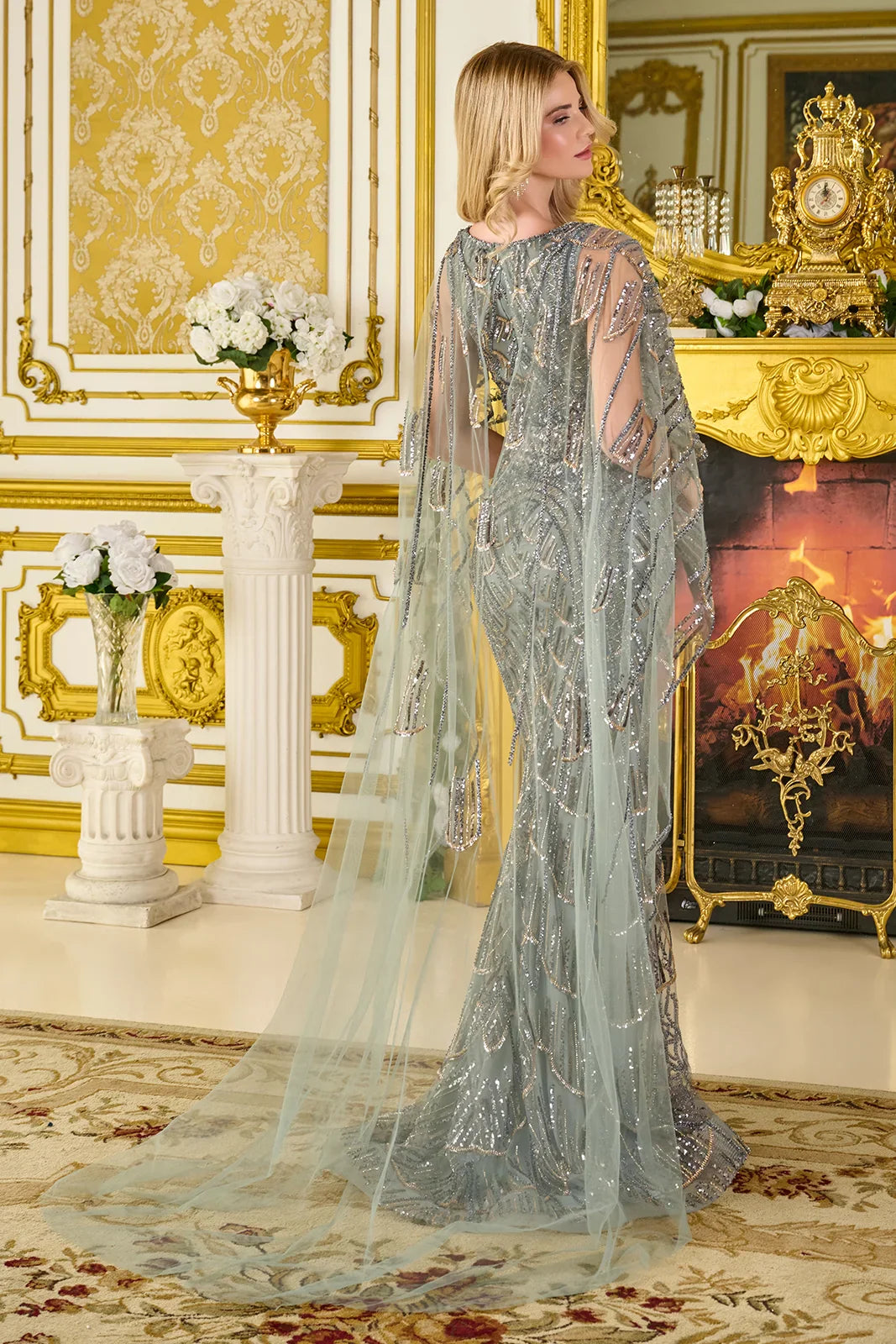 Shoulder Straps V-Neckline Zipper Fitted Embellished High Low Keyhole Cape Dress (GL3834)