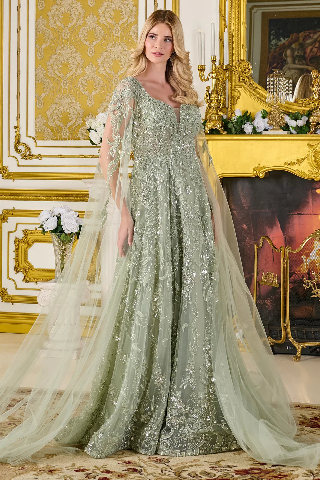 3D Flower Applique Embellished V-Neck Cape Sleeves Zipper A-Line Dress (GL3838)