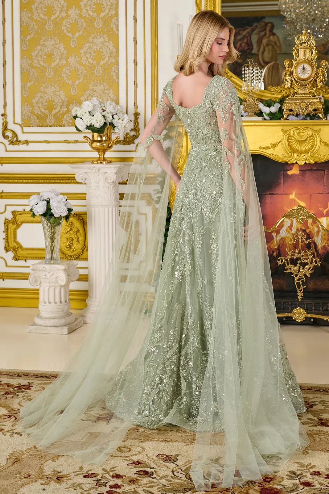 3D Flower Applique Embellished V-Neck Cape Sleeves Zipper A-Line Dress (GL3838)