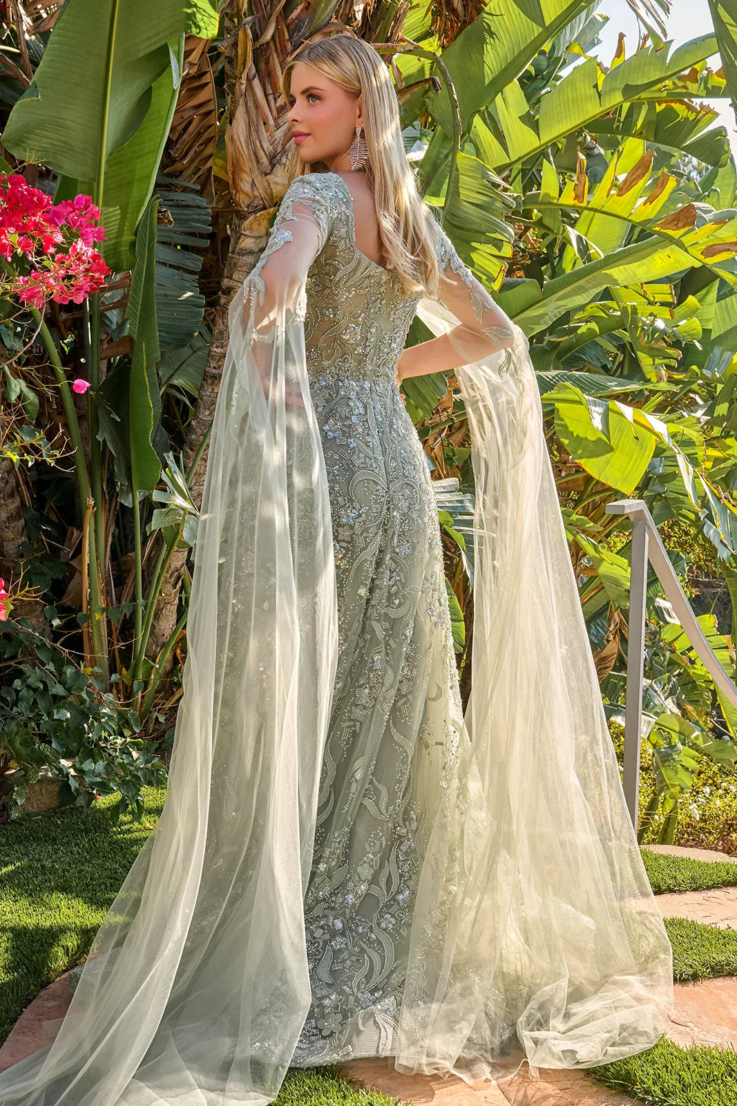 3D Flower Applique Embellished V-Neck Cape Sleeves Zipper A-Line Dress (GL3838)