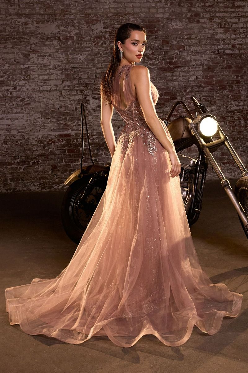 One Shoulder Glitter & Tulle Gown (J869)