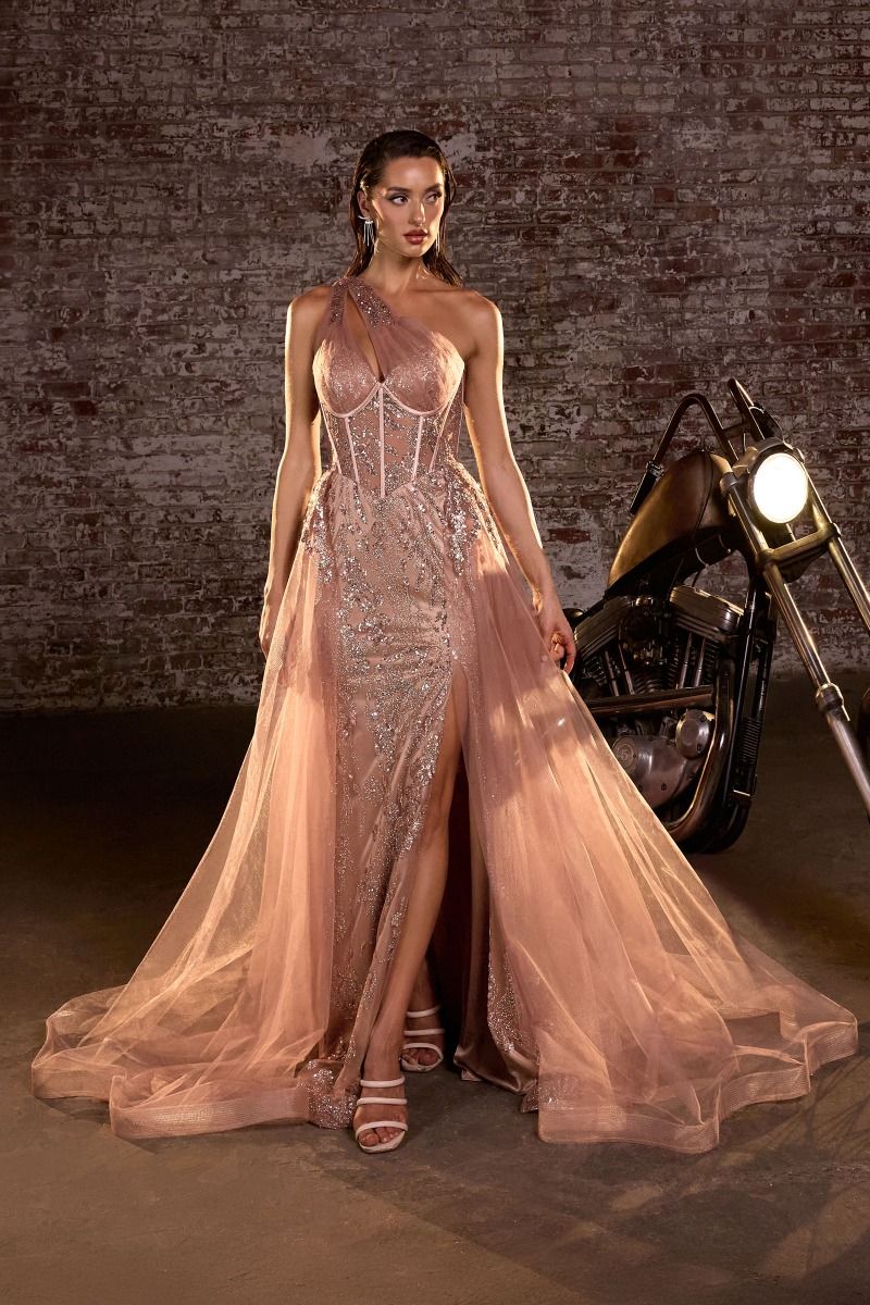 One Shoulder Glitter & Tulle Gown (J869)