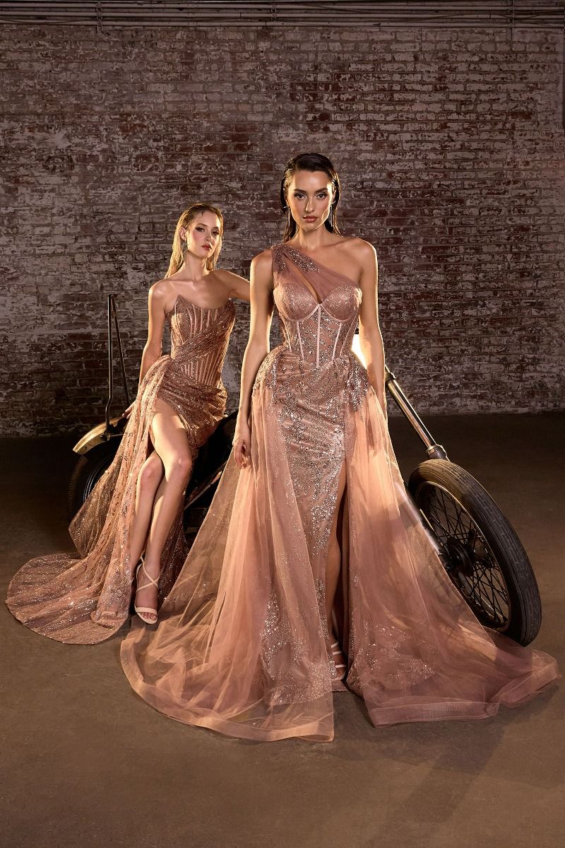 One Shoulder Glitter & Tulle Gown (J869)
