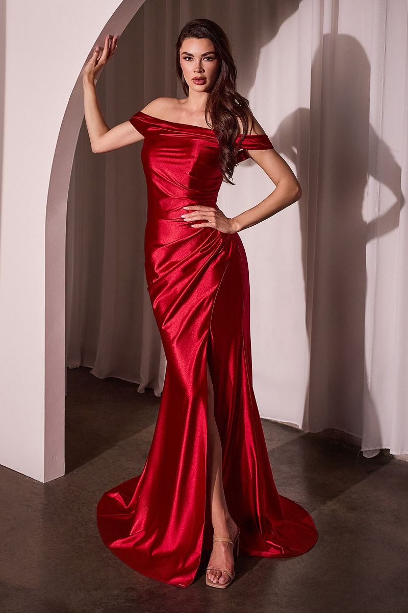 Glistening Satin Off The Shoulder Gown (J877)