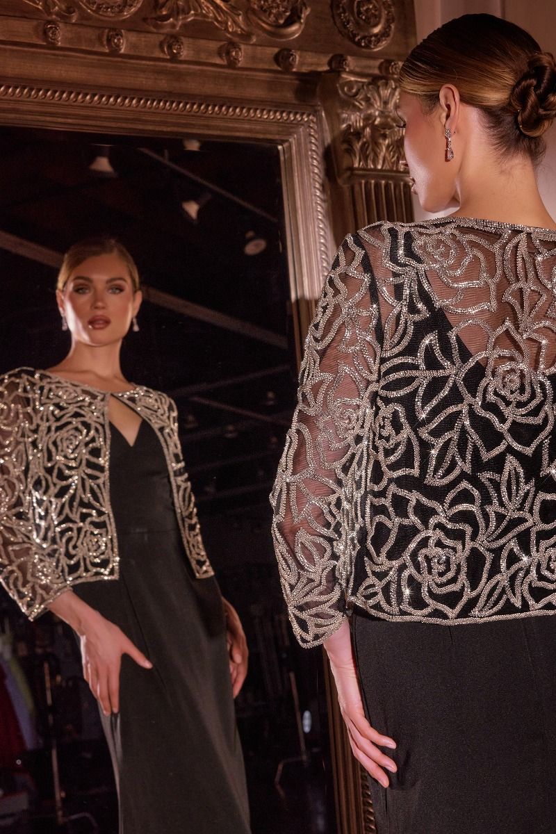 Elegant Crepe Fit and Flare Gown with Crystal Floral Jacket (J881)