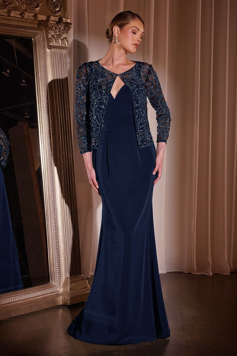 Elegant Crepe Fit and Flare Gown with Crystal Floral Jacket (J881)
