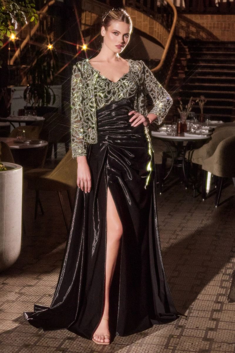 Refined Taffeta Fit and Flare Gown with Crystal Floral Jacket (J882)