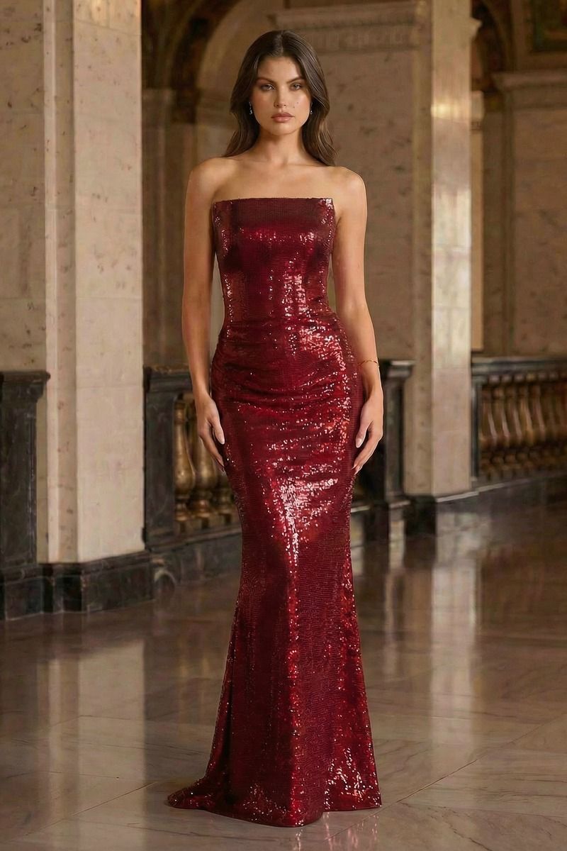 Strapless Sequin Mermaid Gown with Sheer Side Detail