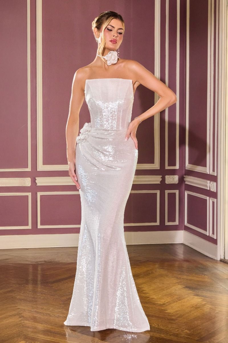 Strapless Sequin Gown with Floral Accent and Choker (J905)