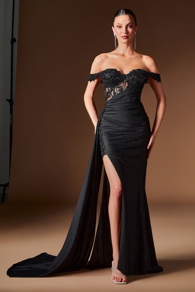 Off-the-Shoulder Embellished Lace Corset Dress with Draped Train (J914)