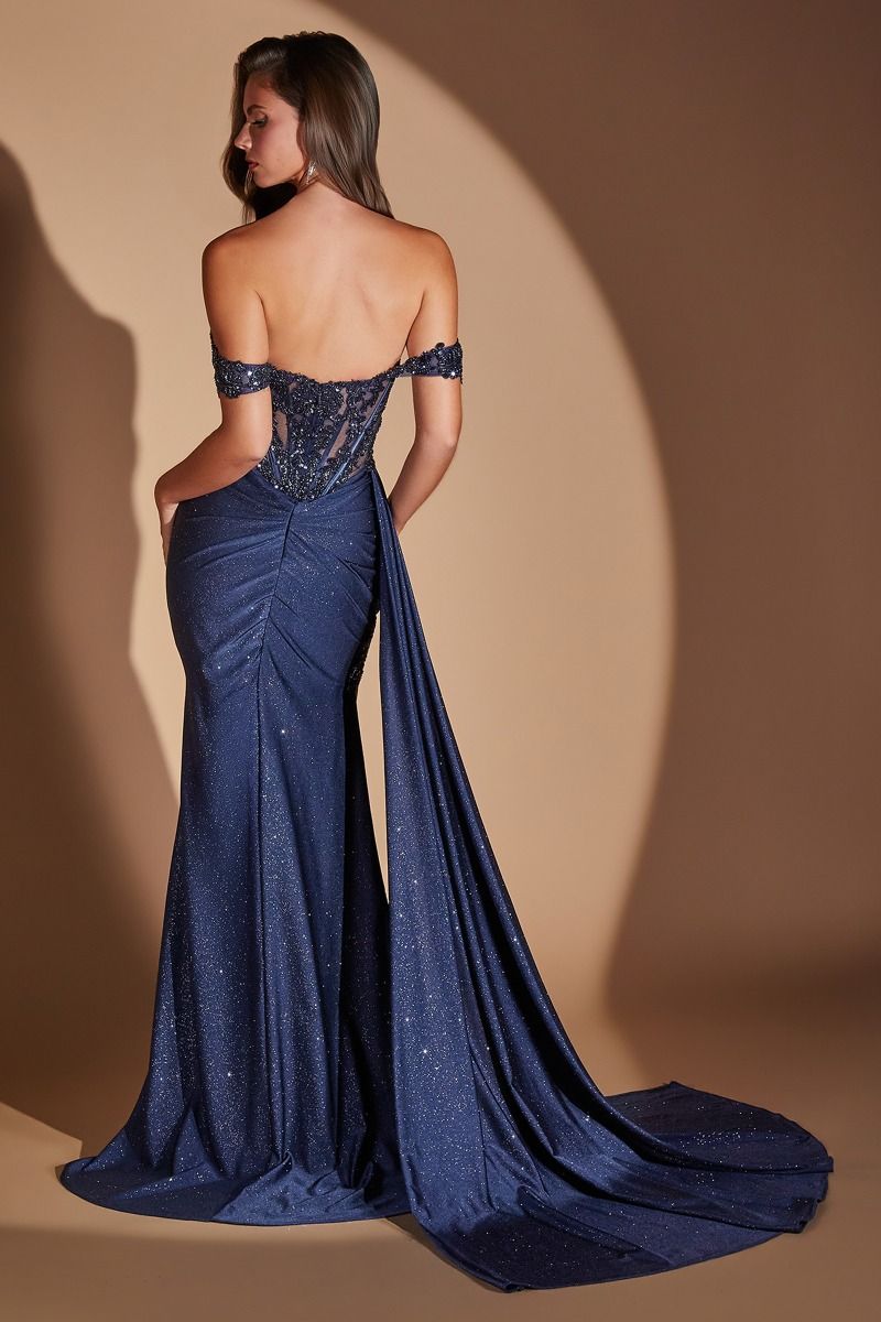 Off-the-Shoulder Embellished Lace Corset Dress with Draped Train (J914)