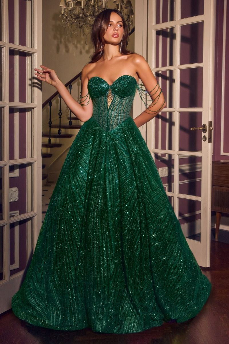 Starburst Beaded Sweetheart Ball Gown with Draped Chain Sleeves (J915)