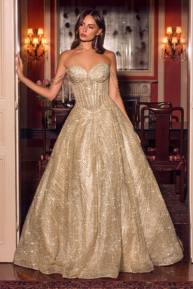 Starburst Beaded Sweetheart Ball Gown with Draped Chain Sleeves (J915)
