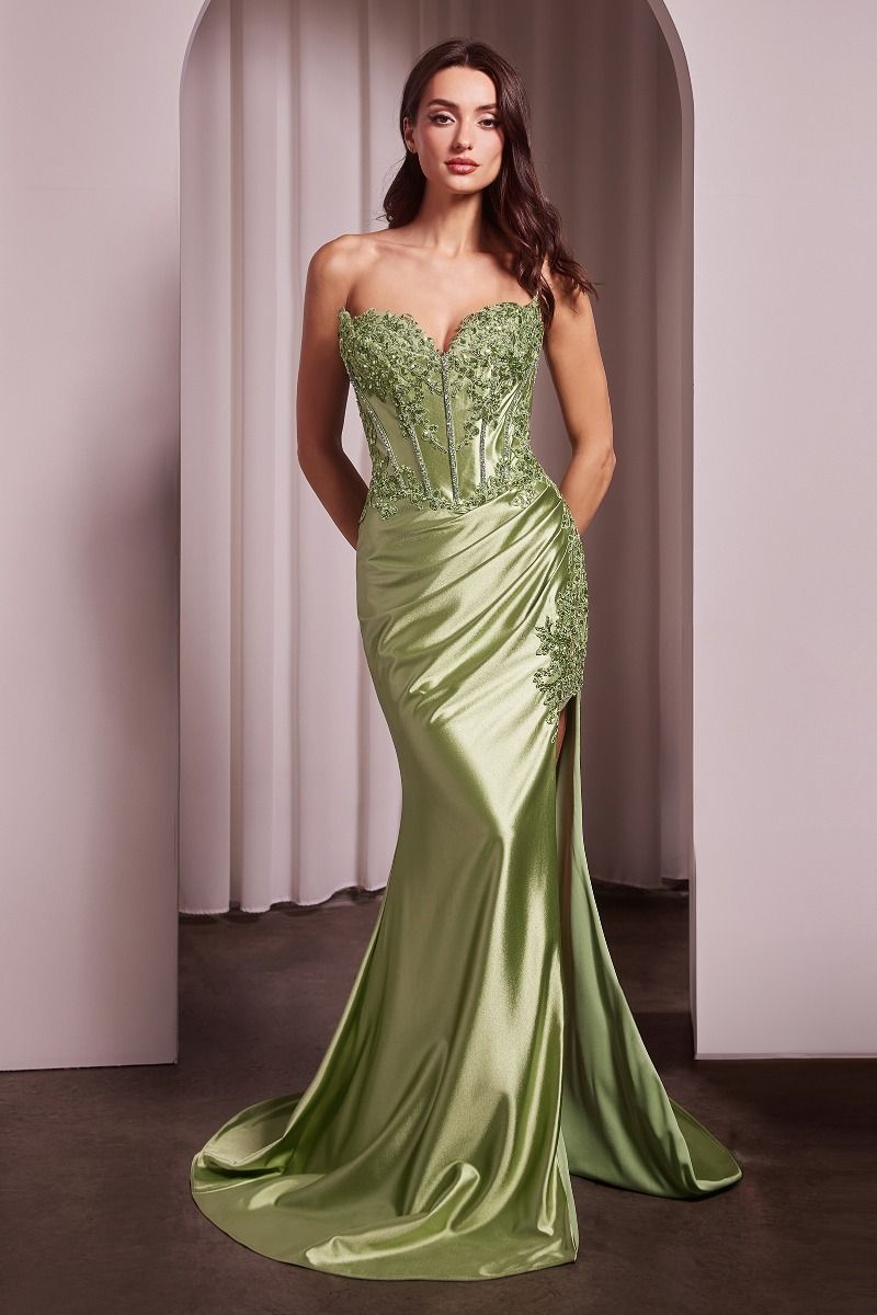 Radiant Strapless Lace Corset with Fitted Satin Stretch Gown Slit (KV1116)