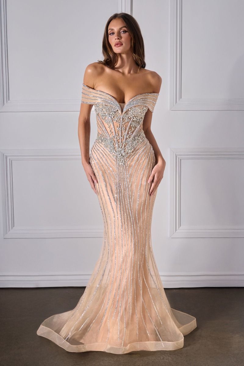 Off Shoulder Crystal Embellished Tulle Mermaid Gown (KV1130)